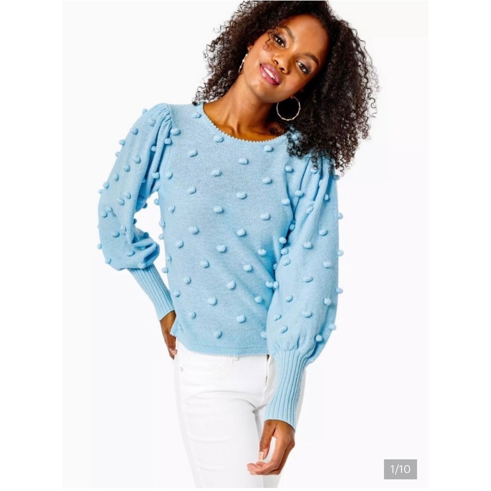 Lilly Pulitzer Blue Pom Pom Bobble Knit Sweater Puff Sleeve Scallop Neck‎ Medium - Picture 6 of 6